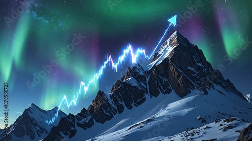 Stunning Mountain Peak with Aurora Borealis and Rising Arrow.