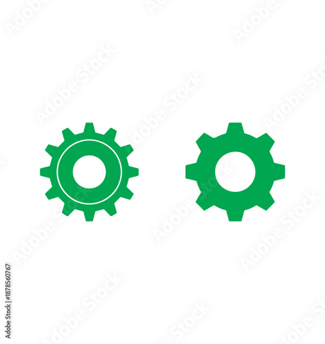 Two vibrant green vector gear icons, presented in both solid and outline formats, are universally recognized symbols for system configuration or.