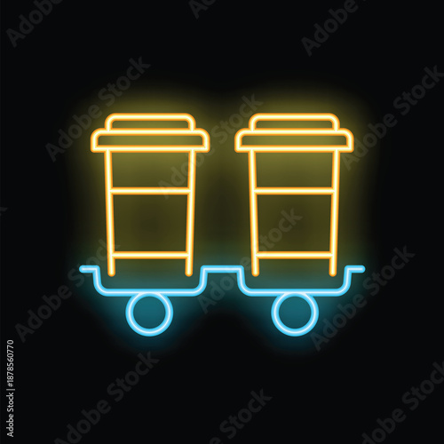 Bright yellow and blue neon sign showing a luggage cart with two empty shelves