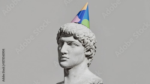 Classical marble sculpture with a playful party hat blending timeless art and modern irony to create a witty cultural visual suitable for humor creativity and contemporary design themes
