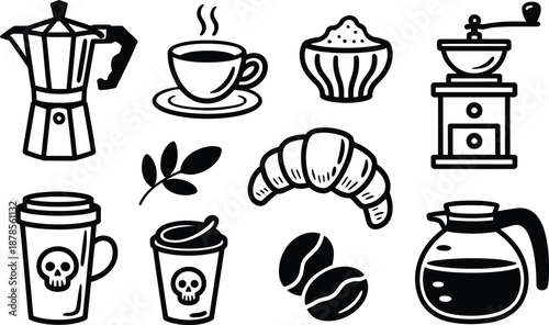 Black and white coffee and pastry icons in vintage style