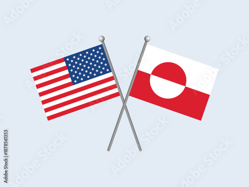 Greenland and USA flag on a pole vector illustration. Two crossed Greenland and United States flags symbol isolated on a gray background. Template for background, banner, card