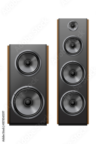 Realistic wooden Hi-Fi speaker system standing isolated with modern sleek design on transparent background