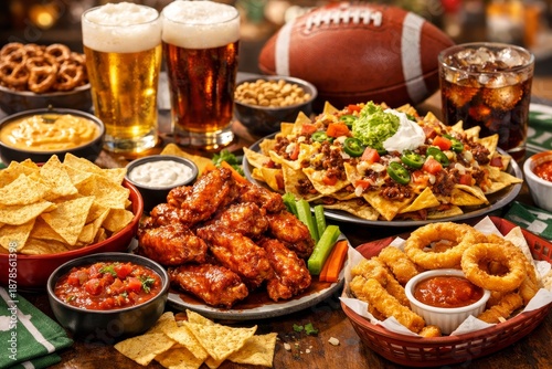 Snacks and drinks are arranged for a super bowl event with friends and family enjoying american football with wings nachos and beer