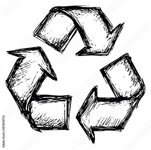 Hand drawn line art illustration of recycling symbol depicting reuse and sustainability for environmental design projects