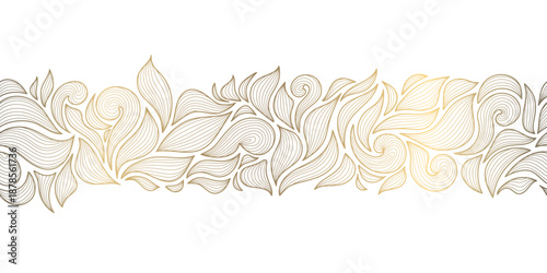 Elegant vector seamless leaf pattern, golden lines border, tropical botanical elements in a modern abstract style. Luxury packaging, coffee or tea branding, wallpaper, premium fabric designs