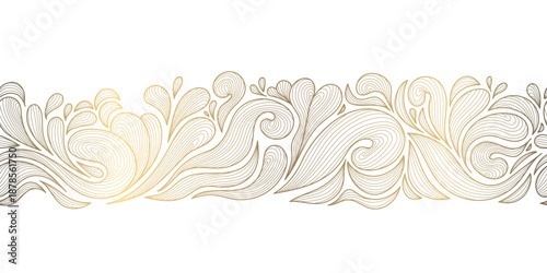 Elegant vector seamless leaf pattern, golden lines border, tropical botanical elements in a modern abstract style. Luxury packaging, coffee or tea branding, wallpaper, premium fabric designs