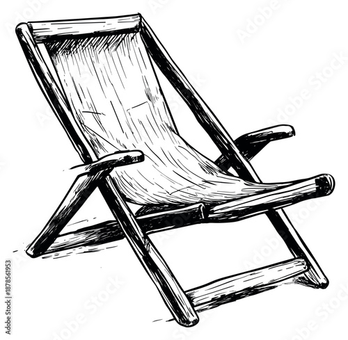 Hand drawn illustration of a deck chair depicting summer relaxation for beach vacations
