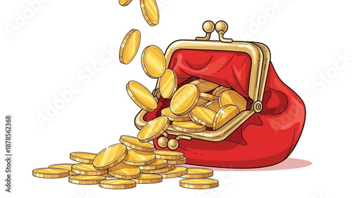 Pile of Golden Coins Falling From Red Coin Purse, Financial Success and Wealth Concept