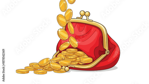Golden coins pouring from a red purse, symbolizing wealth and financial gain