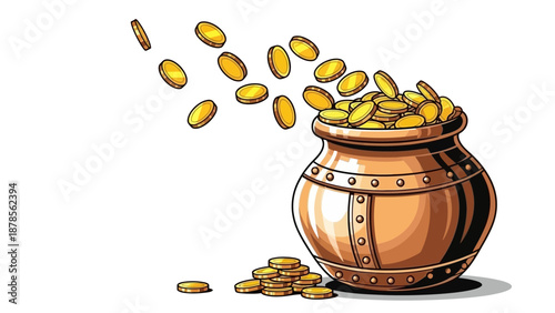 Pot overflowing with gold coins, symbolizing wealth and financial success, with coins spilling out