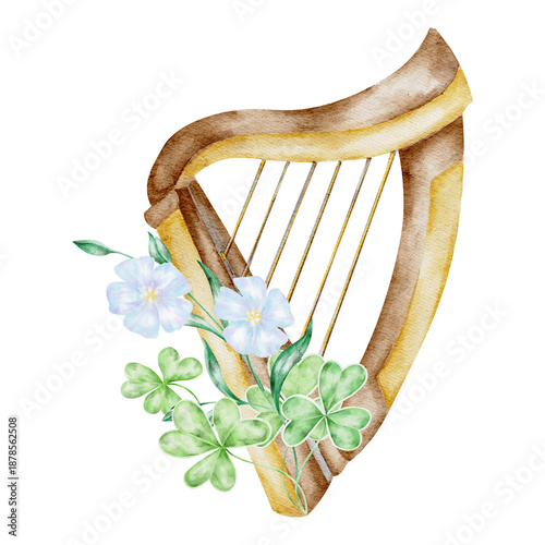 Traditional Irish harp with green shamrocks and blue flax flowers, hand painted watercolor clipart. Great for St Patricks Day posters, music themed designs, cultural events, invitations