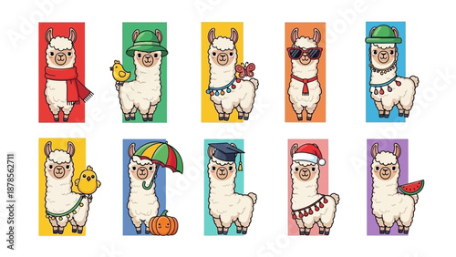 Cute Llamas in Festive Outfits for Holidays and Seasons, Vector Illustration