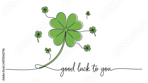 Lucky Clover with Hand Drawn Text "Good Luck to You" on White Background