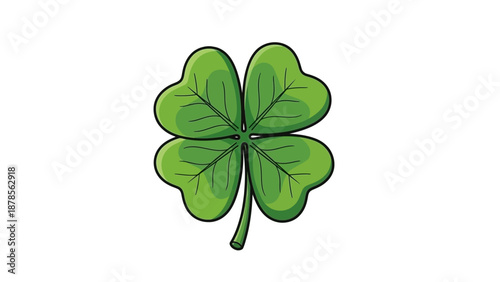 Green Four Leaf Clover with Detailed Veins on a White Background, Symbol of Luck