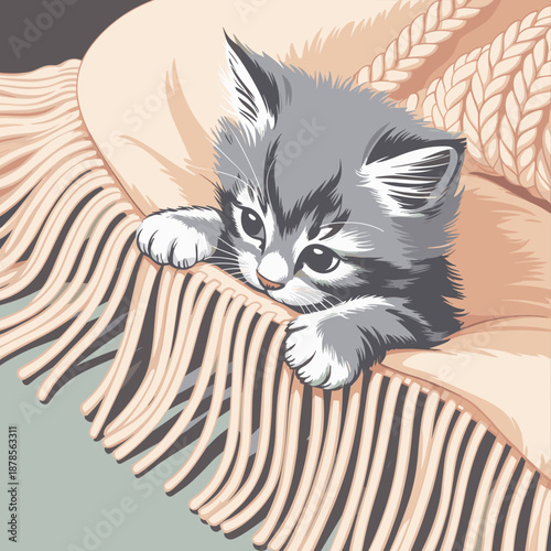 Fluffy gray kitten resting on a cozy blanket with fringes  