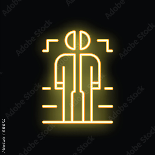 Yellow neon sign depicting a person being scanned, representing concepts like biometric identification, security, and technology