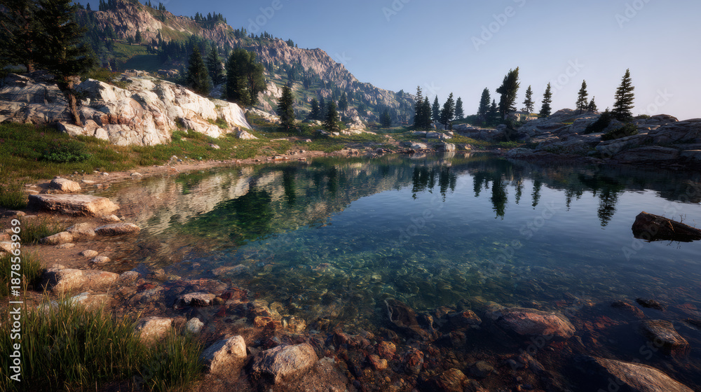 Naklejka premium Mountain lake reflection clear water alpine pine tree algorithmic nature serene landscape peaceful scene sunlight rocky shore grass