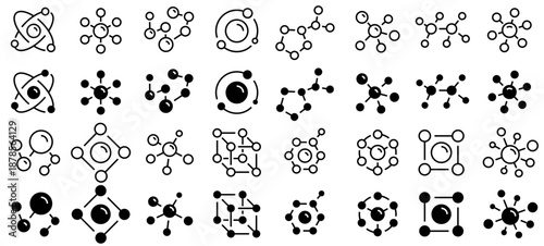 Molecule icon set. Chemistry science, molecular structure, chemical laboratory dna cell protein. Laboratory scientific research. Structure of the substance. Editable stroke, Vector illustration