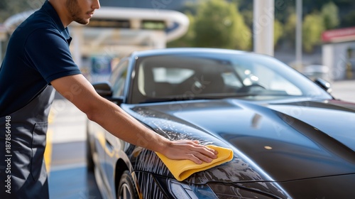 At a service station, a cleaner focuses on restoring shine while washing a car, emphasizing hygiene, vehicle upkeep, and professional auto detailing. cinematic color correction, natural uneven