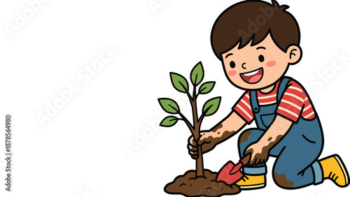 Young Boy Planting Tree - Environmental Stewardship Illustration