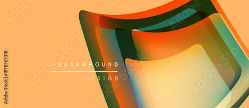 Abstract geometric shapes overlap, creating vibrant color gradients. Orange background complements design elements. Modern aesthetic.