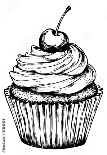 Hand drawn line art illustration of a cupcake depicting a cherry on top for dessert concepts