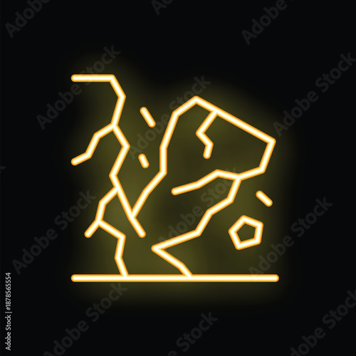 Yellow neon style icon of an earthquake happening, with the ground cracking and shifting