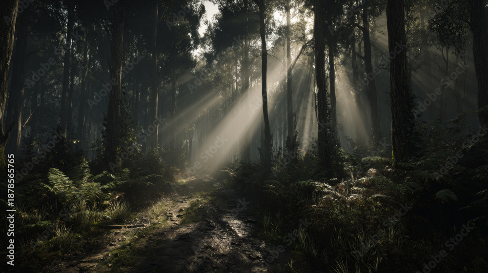 Fototapeta premium Forest path sunlight ray tree shadow fern morning mist atmosphere moody algorithmic nature