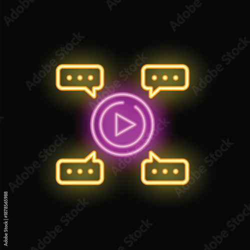 Neon icon of video marketing showing play button surrounded by speech bubbles, concept for viral marketing and social media campaign on dark background