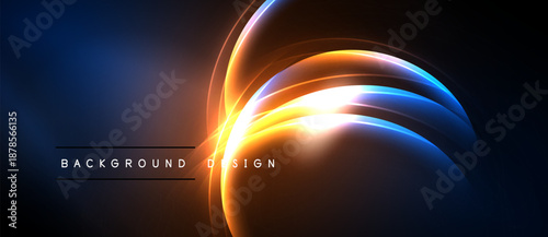 Abstract design features vibrant blue, orange glows. Circular shapes create dynamic visual effect. Dark background emphasizes luminosity.