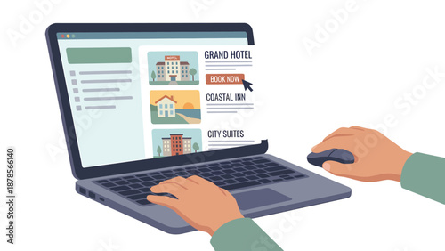 Online Hotel Booking: Hand on Mouse, Laptop Screen Displaying Hotel Options