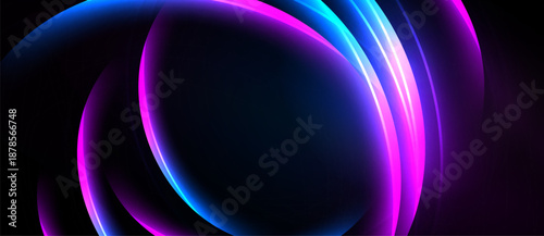 Abstract neon lines create flowing shapes. Dark background emphasizes vibrant blue, purple glows. Modern design, dynamic composition.