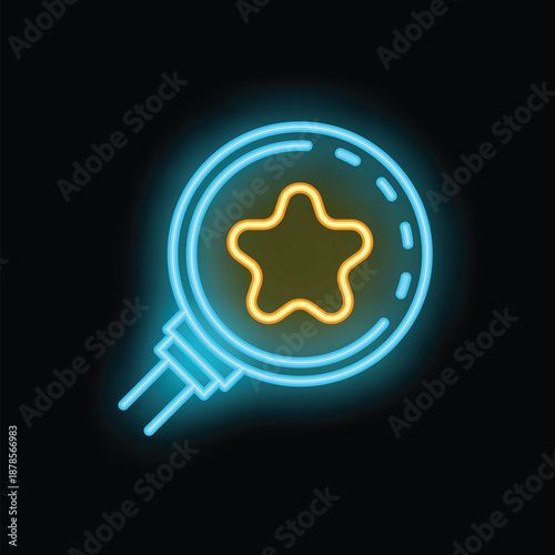 Neon magnifying glass focusing on a bright glowing star against a dark background