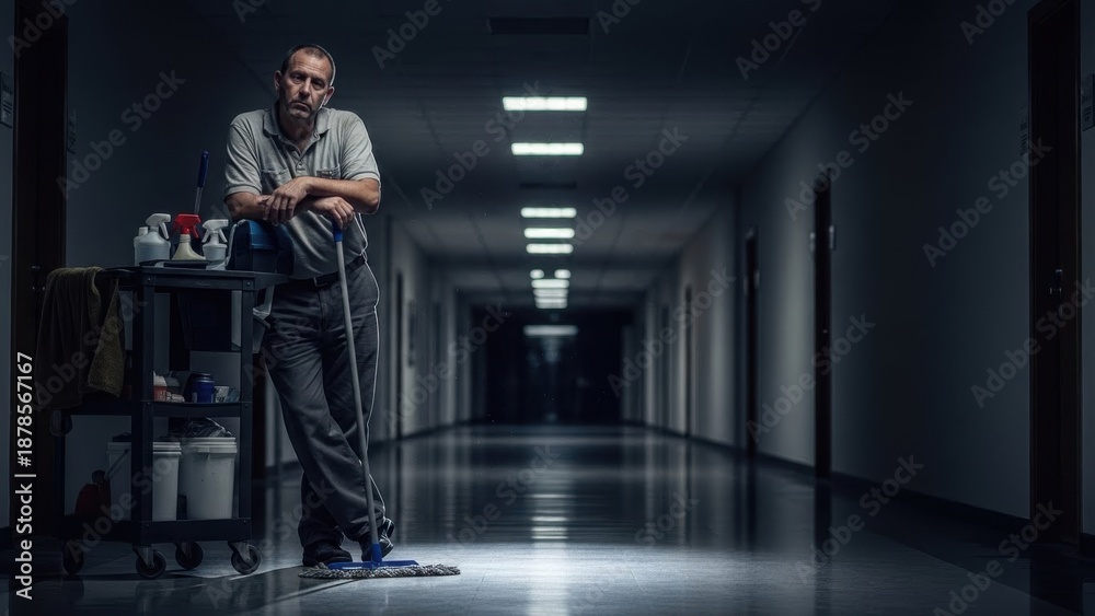 custom made wallpaper toronto digitalTired janitor leans on cleaning cart in long, dark hallway.