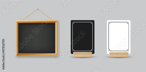 Menu Card table holder stand mockup. Paper flyer mock up template. Event promotion wooden frame. Restaurant label. Vector