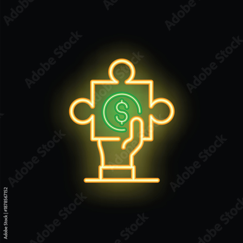 Neon illustration representing the concept of financial problem solving with a hand holding a puzzle piece