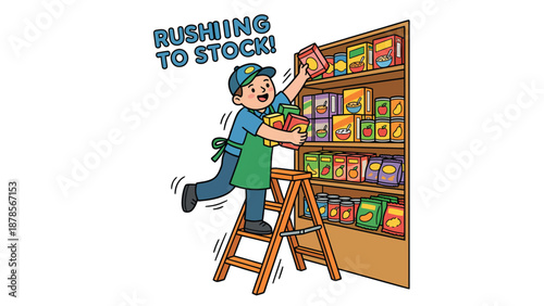 Grocer Stocking Shelves: Cartoon Illustration of Man on Ladder