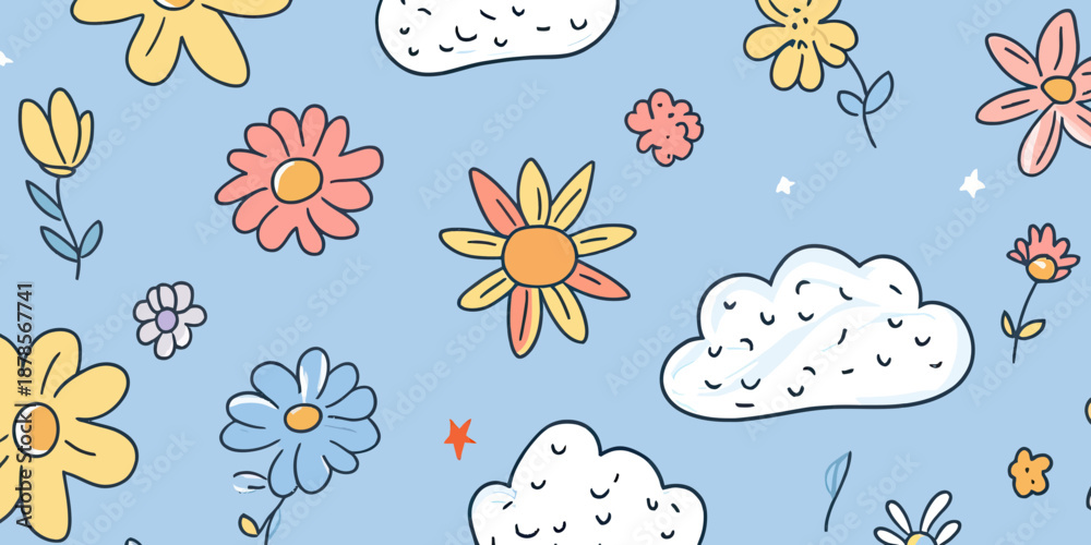 Fototapeta premium Seamless doodle flower pattern with hand drawn colorful spring flora elements and white clouds on light blue background vector illustration