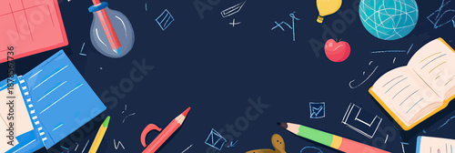 Flat minimalist back to school education poster with colorful pencils books globe lightbulb apple and science elements on dark background