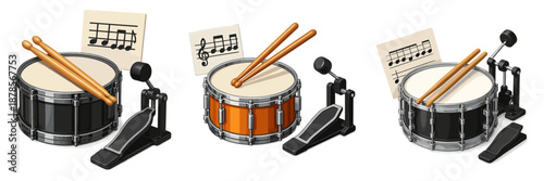 Drum set illustration with snare drums, sticks, and sheet music