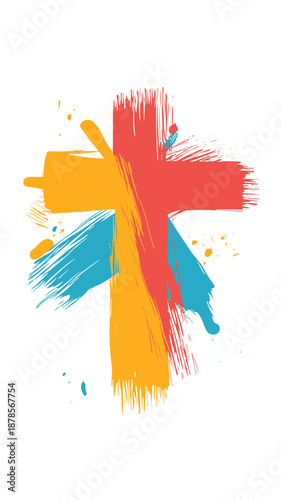 Abstract colorful Christian cross made of red, yellow, and blue paint brush strokes on white background, vibrant religious symbol vector illustration for faith and spirituality design