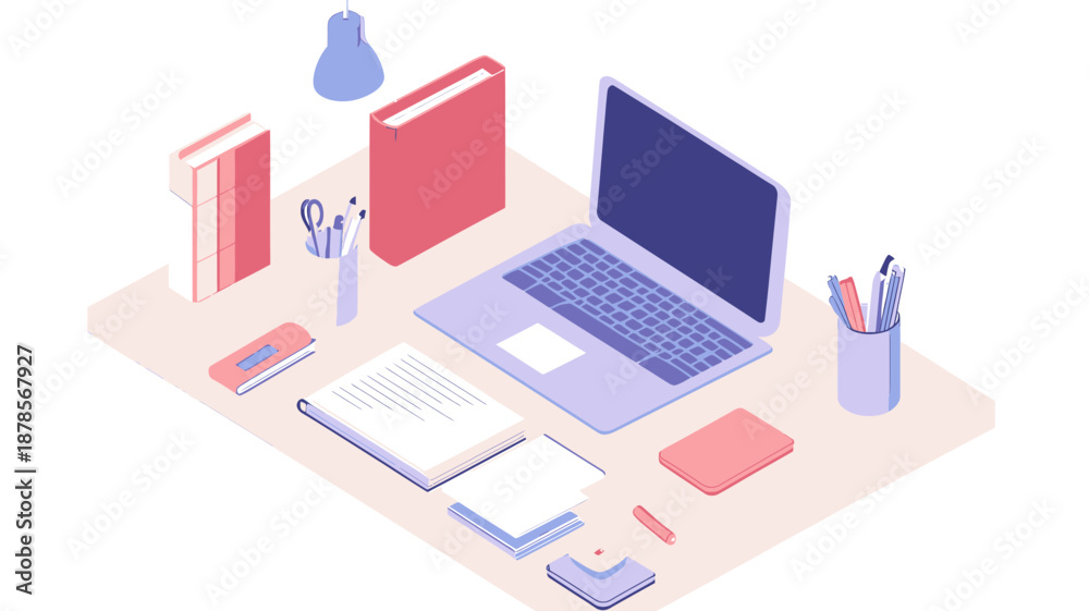 custom made wallpaper toronto digitalIsometric student desk workspace with laptop, books, notebooks, smartphone and stationery for online education and study organization concept