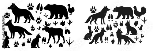 Wildlife silhouettes featuring various animals and tracks in nature