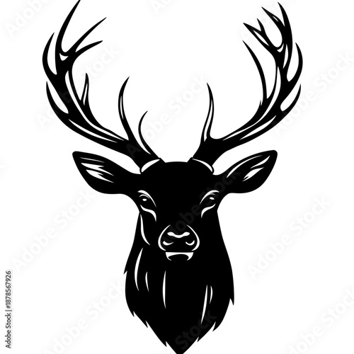 Detailed black silhouette of stag head with large branching antlers facing forward on white background vector illustration for wildlife logo design and nature symbol