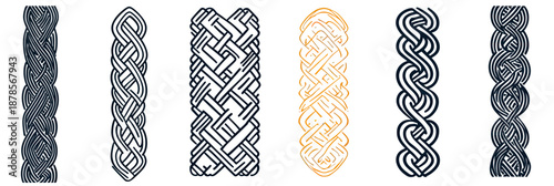 Set of six intertwined braids and knot borders seamless vector patterns in black and orange minimalist linear style decorative ropes design elements for graphic use and crafts