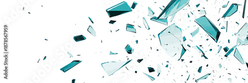 Floating shattered glass fragments explosion in minimalist flat vector style on white background with transparent blue shards scattered randomly in space