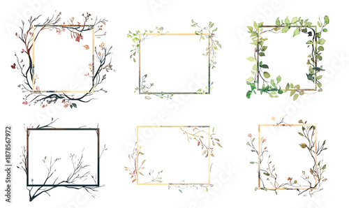 Set six square floral frames with delicate minimalist watercolor branches and leaves in different seasonal styles for decorative border design elements