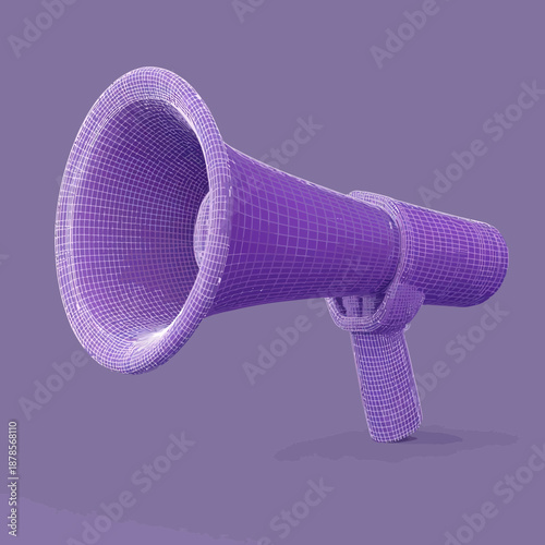 3D Wireframe Megaphone Vector Illustration in Purple Low Poly Style with Minimalist Flat Design on Solid Background