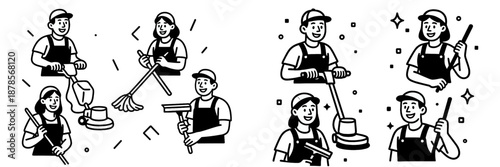 Cleaning professionals in action with tools and smiles